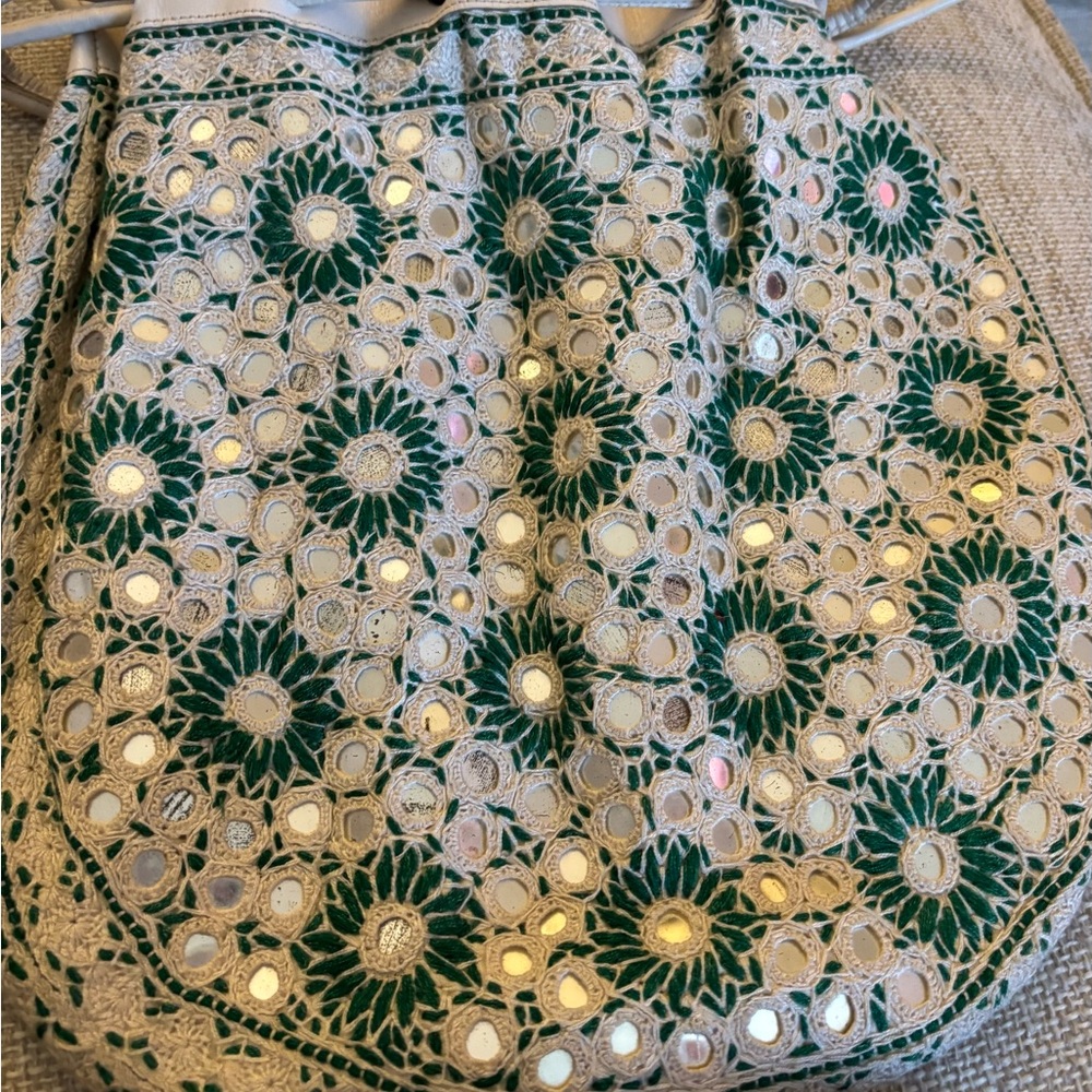 Leather and Crochet Drawstring Hobo Bag in Cream and Green - Picture 8 of 12